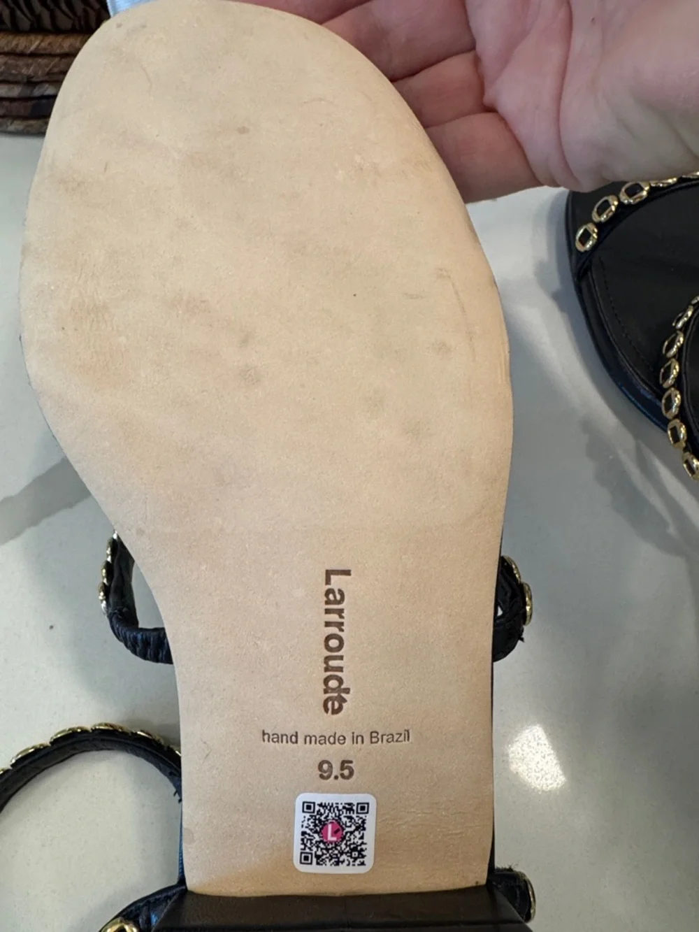 Larroude Black Leather Sandals with Gold Chain Straps 9.5 New